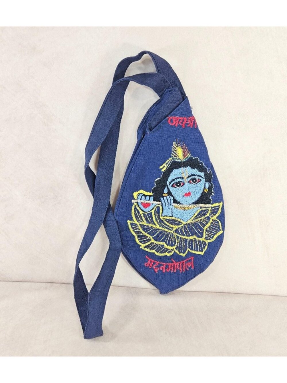 Lord Krishna Embroidered Bead Bag Hindu Devotional Prayer Japa Pouch Blue